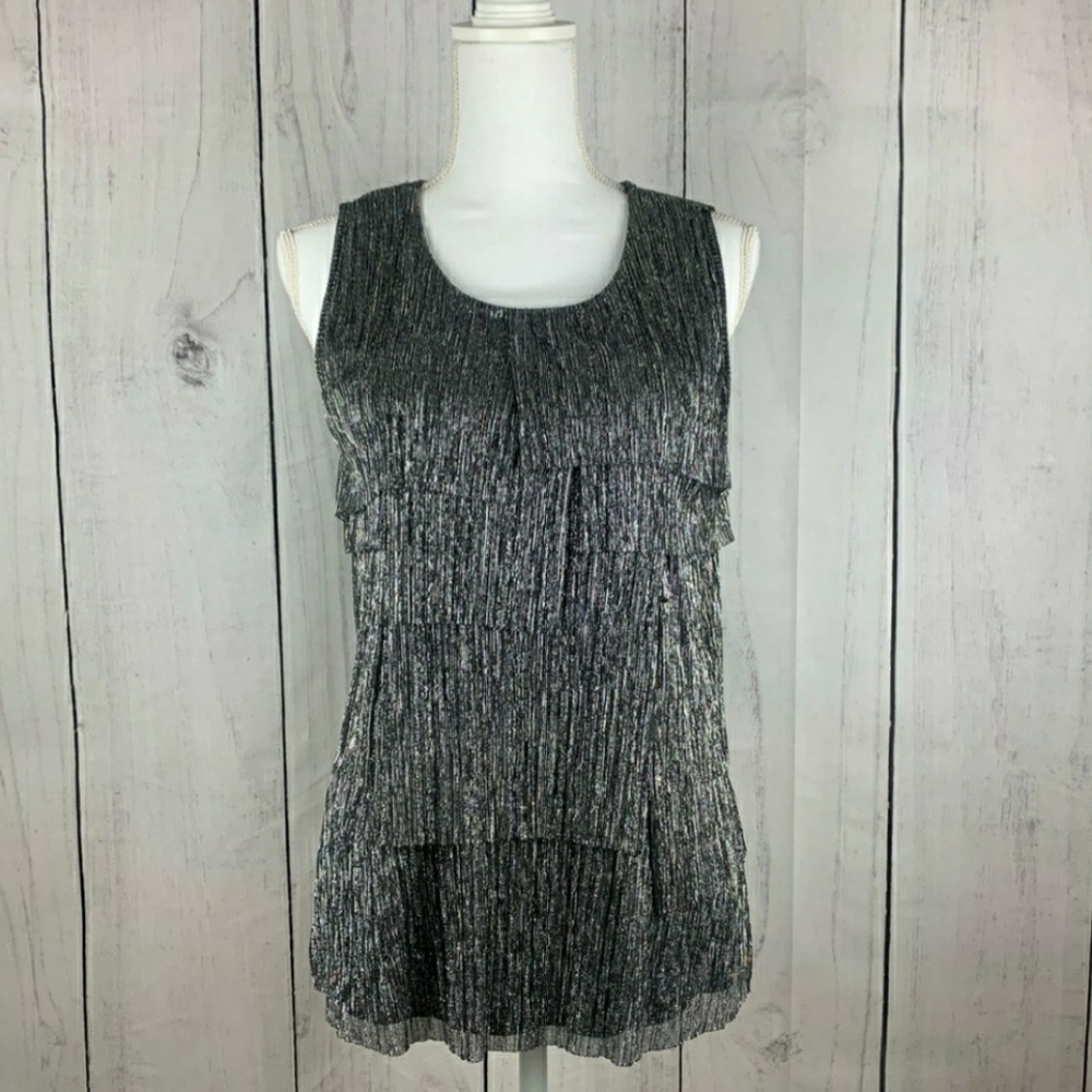 Sparkling Silver Tunic Tassel Top Sz Lg